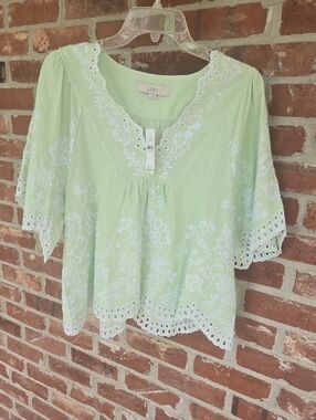 LOFT Light Green Embroidered V-Neck Peasant Top